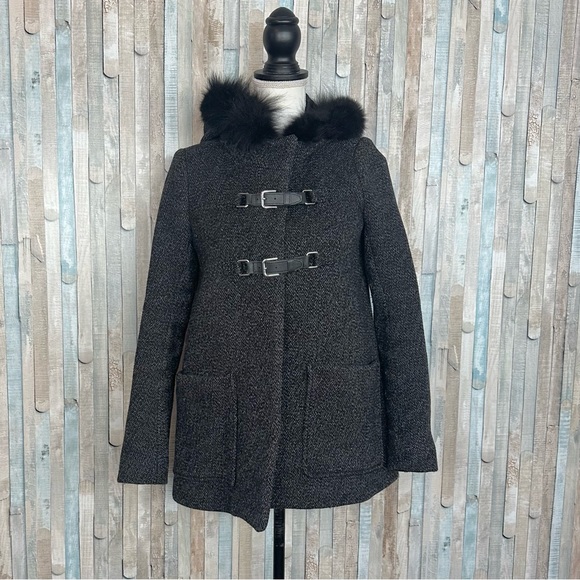 Maje 36 S Duffle Coat Wool Coyote Fur Collar Trim Jacket Black Tweed Buckle $745 - Picture 4 of 13